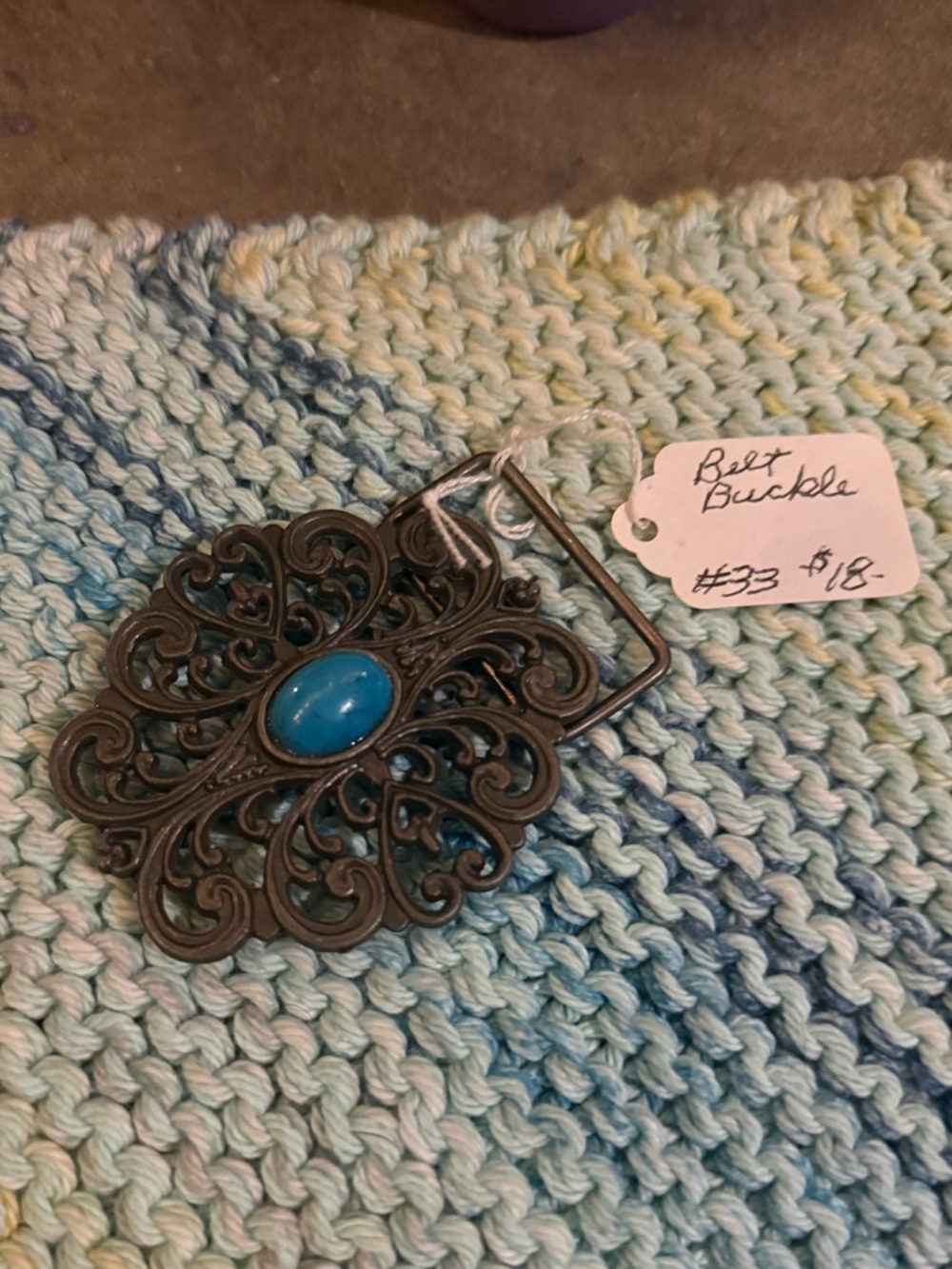 Hand-Knit Square Dishcloth with Blue-Turquoise Accent